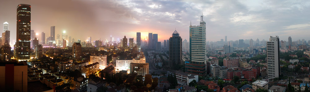 Shanghai at night and sunrise.